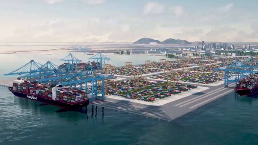 A computer generated design shows a large port with hundreds of container ships 