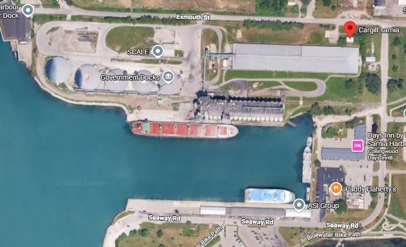Cargill's grain terminal in Sarnia sits next to the harbour. To the north is where a developer has been trying to erect townhouses. Southeast of the agricultural company is where another developer hopes to put up a 14-storey apartment building.