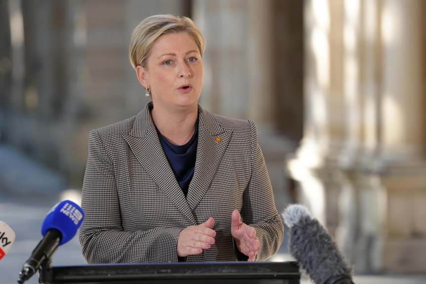 A woman in a grey and white blazer speaking at a podium to media. 