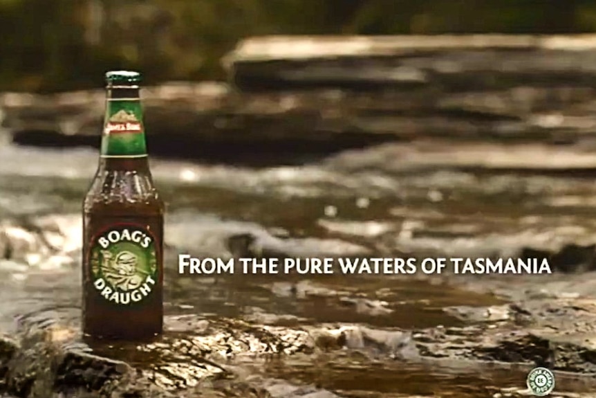 A beer in a stream with the words 'From the pure waters of Tasmania'.