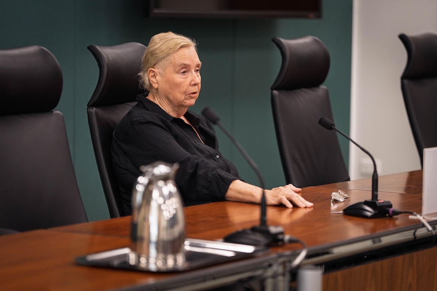 A woman with blonde hair sitting at a table, speaking into the microphone in front of her.