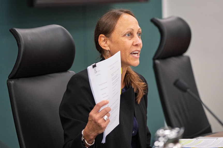 A woman holding up a pile of paperwork, speaking passionately into a microphone.