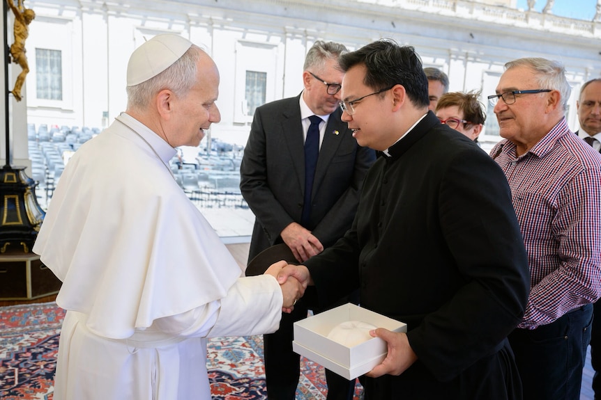 The pope dressed in white robes, shakes hands with a priest dressed in black robes