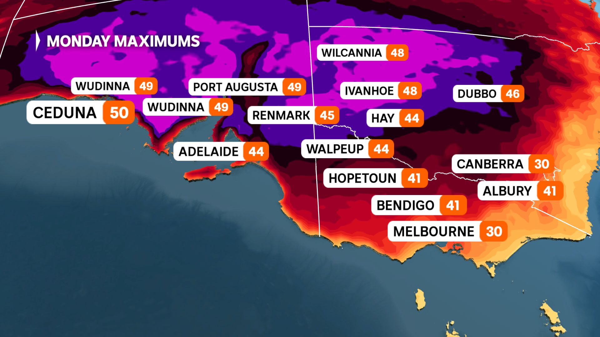 a weather map of southern Australia shows temperatures climbing to high 40s